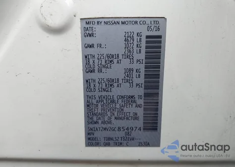 2016 Nissan Rogue Sl z USA, uszkodzony, nr VIN 5N1AT2MV2GC854974